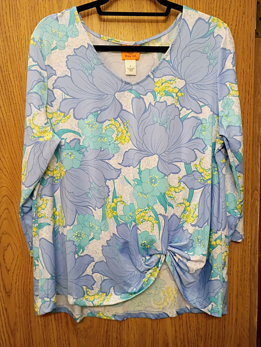 Ruby Rd. Light Blue Floral Long-Sleeve Twist-Hem Top